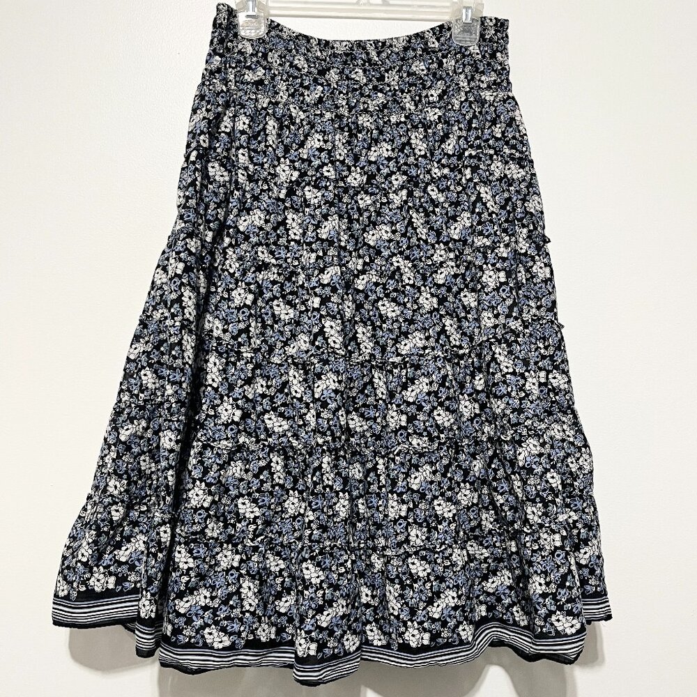 Max Studio Womens Tiered Floral Midi Skirt L Dark Cottagecore Herbalist Bohemian